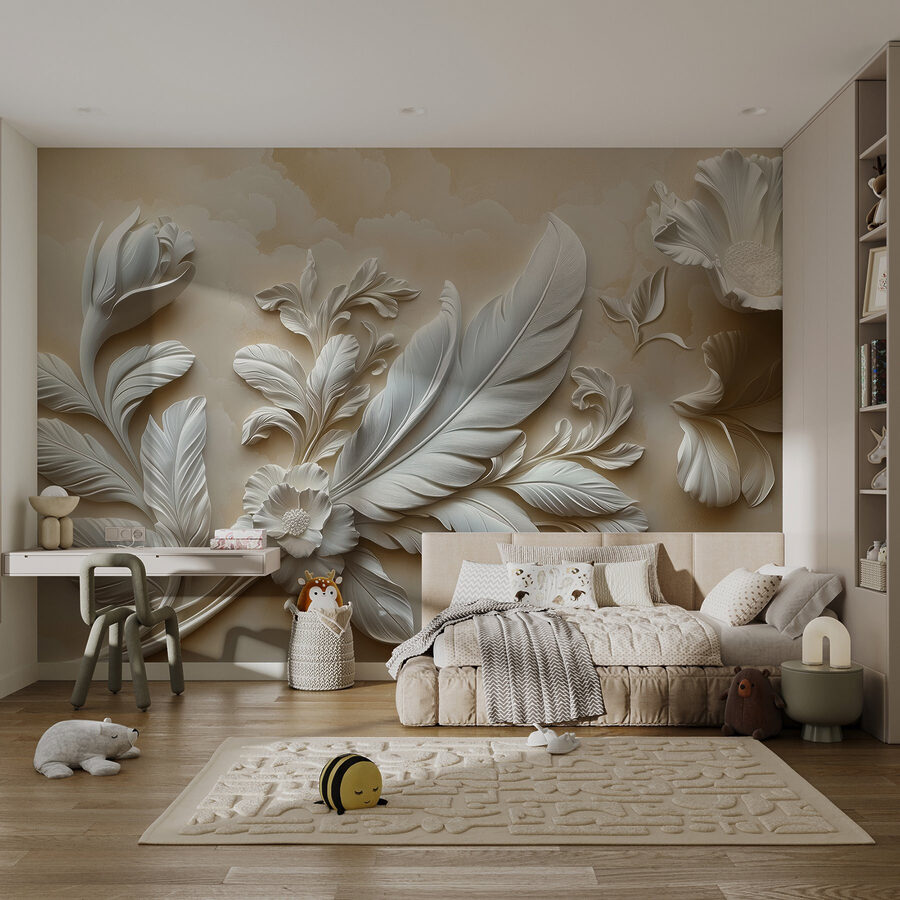 Diseño floral blanco en una pared