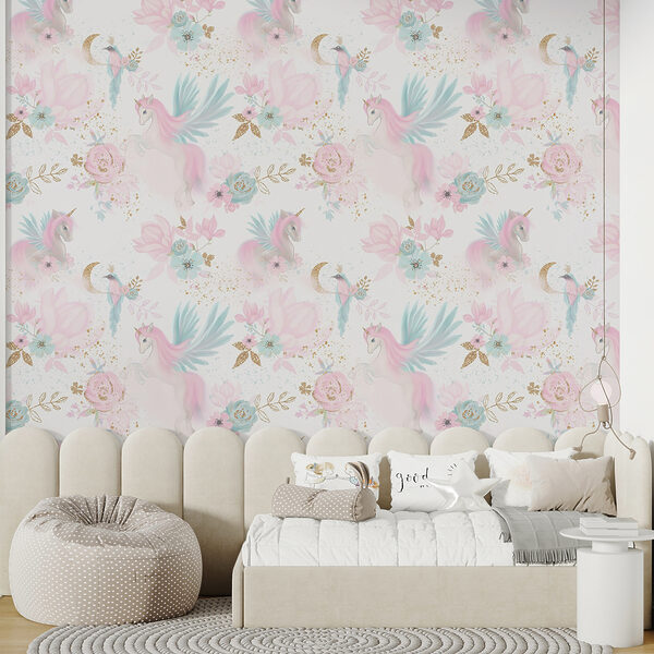 Estampado de unicornios y flores rosas y azules Estampado de unicornios y flores rosas y azules