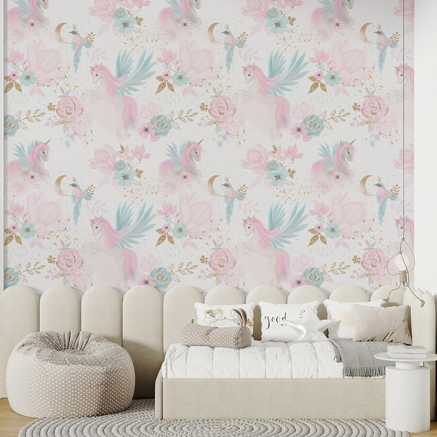 Fotomurales Estampado de unicornios y flores rosas y azules - Imagen 2