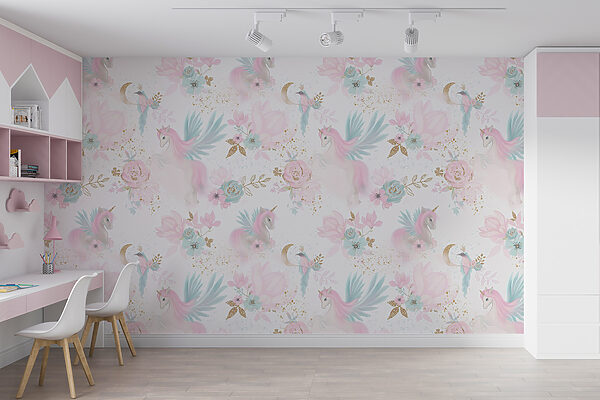 Estampado de unicornios y flores rosas y azules Estampado de unicornios y flores rosas y azules