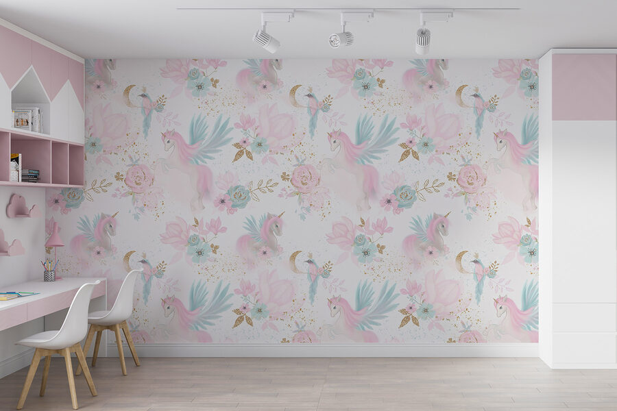 Fotomurales Estampado de unicornios y flores rosas y azules - Imagen 3