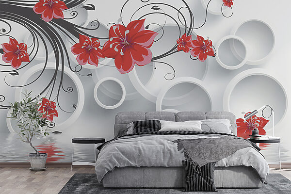 Papel pintado con flores rojas y círculos blancos Papel pintado con flores rojas y círculos blancos
