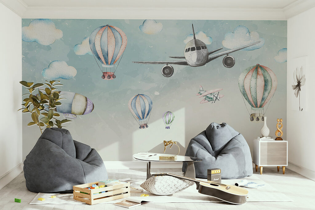 Group of hot air balloons and airplanes