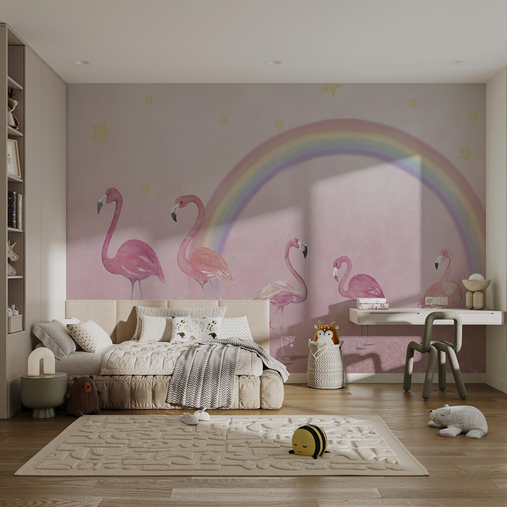 Group of flamingos with a rainbow