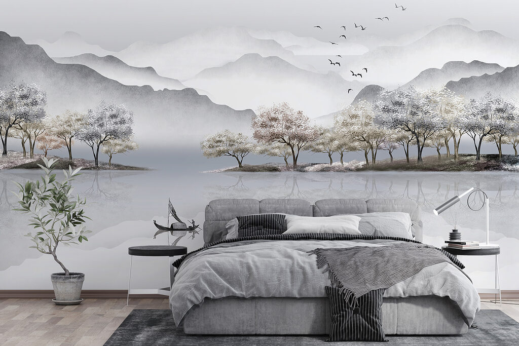 Painting of a lake with trees and mountains Painting of a lake with trees and mountains