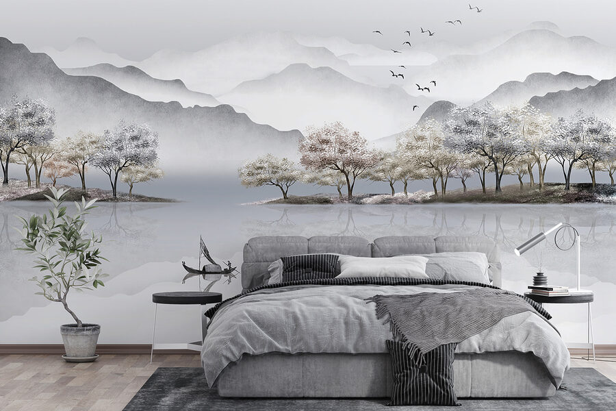 Pintura de un lago con árboles y montañas
