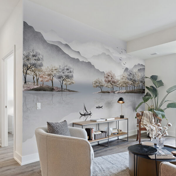 Pintura de un lago con árboles y montañas Pintura de un lago con árboles y montañas
