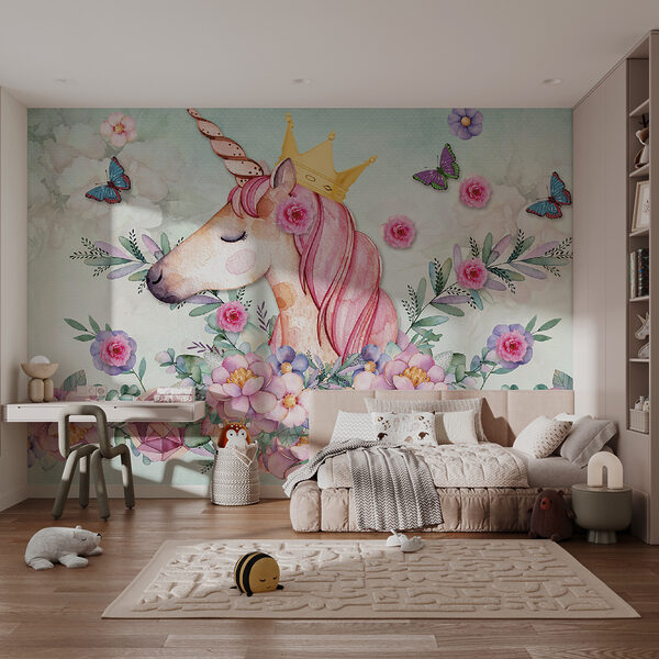 Unicornio de acuarela con corona y flores Unicornio de acuarela con corona y flores