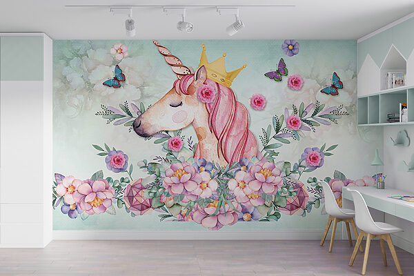 Unicornio de acuarela con corona y flores Unicornio de acuarela con corona y flores