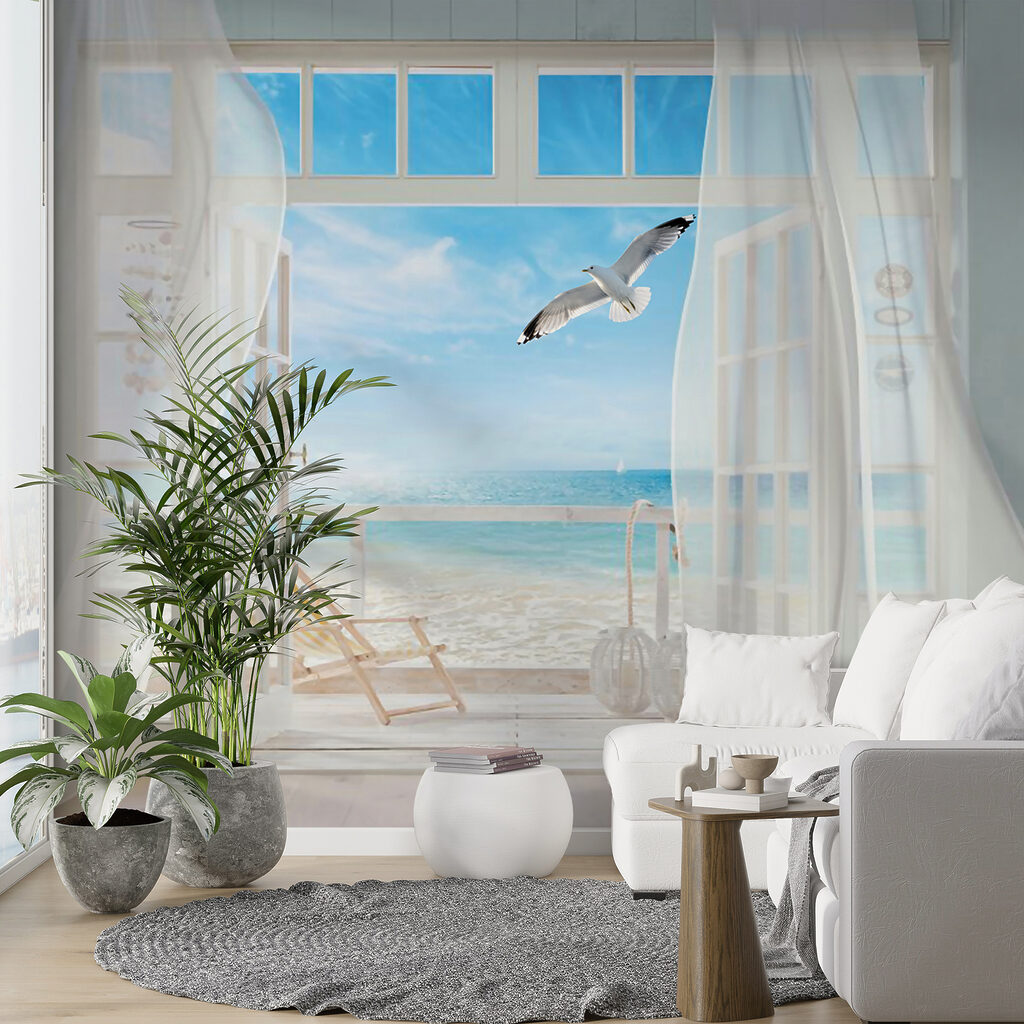 Vista de una playa desde una habitación con un pájaro sobrevolándola u40534pig24ms 1024x1024 - Vista de una playa desde una habitación con un pájaro sobrevolándola