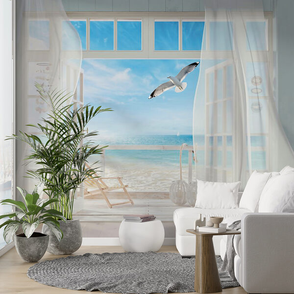 Vista de una playa desde una habitación con un pájaro sobrevolándola u40534pig24ms 600x600 - Vista de una playa desde una habitación con un pájaro sobrevolándola