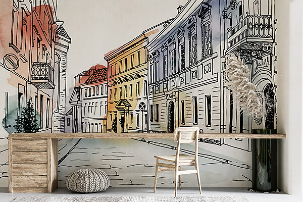 Dibujo de una calle con edificios Dibujo de una calle con edificios