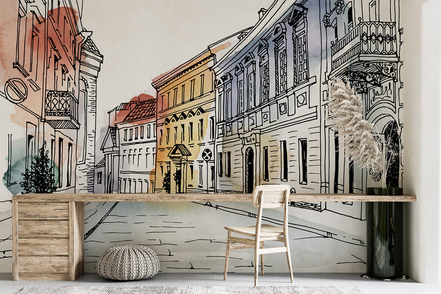Dibujo de una calle con edificios Dibujo de una calle con edificios