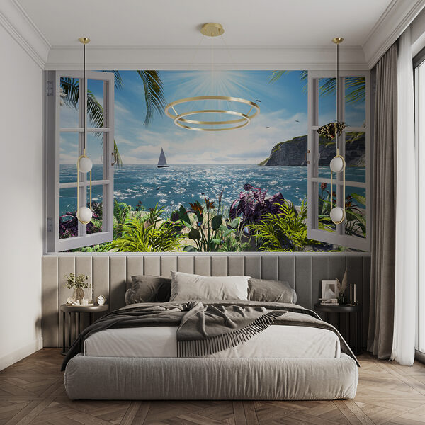 Ventana con vistas al océano y a un velero Ventana con vistas al océano y a un velero