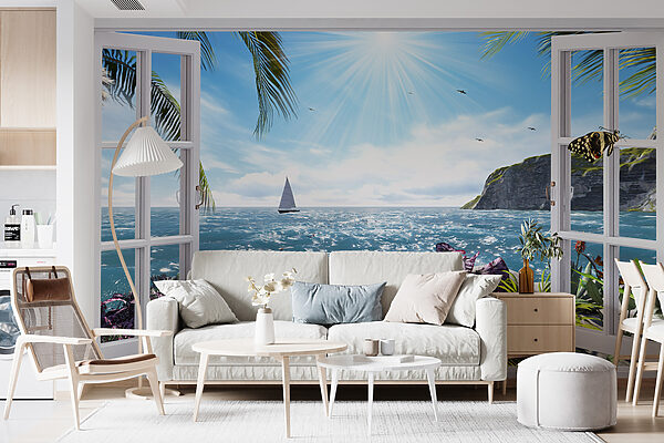 Ventana con vistas al océano y a un velero Ventana con vistas al océano y a un velero