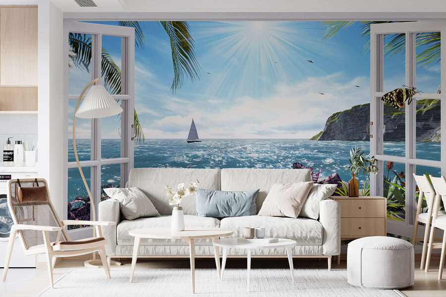 Ventana con vistas al océano y a un velero Ventana con vistas al océano y a un velero