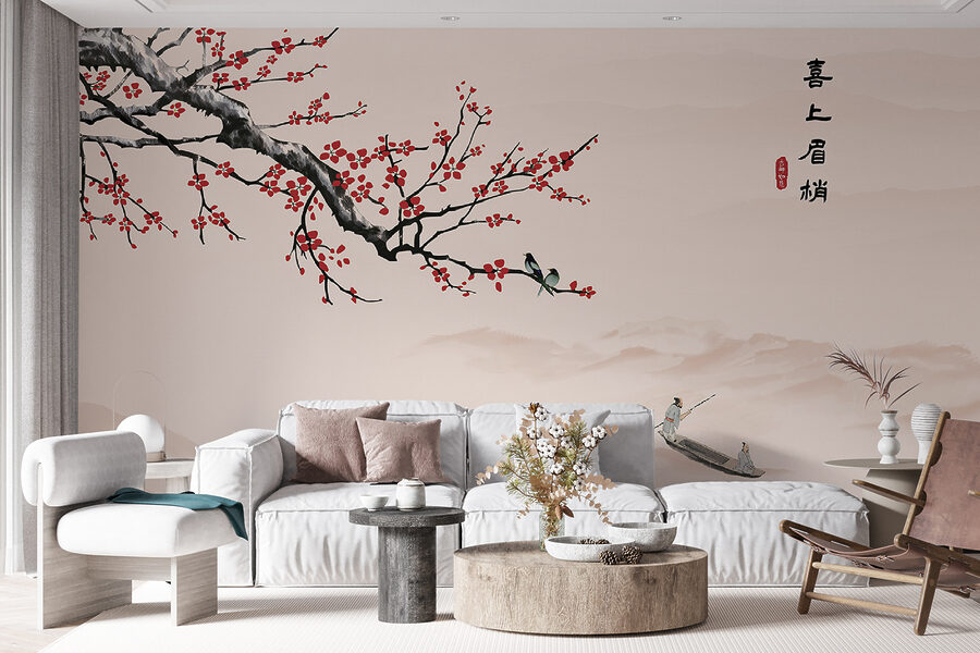 Rama de árbol con flores rojas y un hombre en un barco