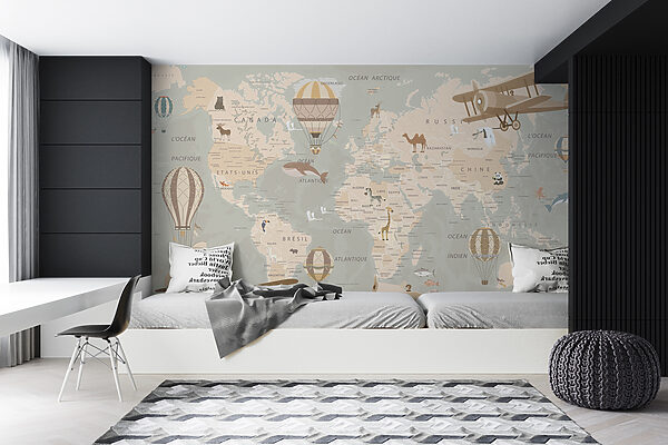 Mapa del mundo con aviones y globos aerostáticos Mapa del mundo con aviones y globos aerostáticos