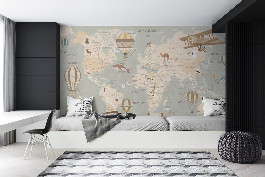 Mapa del mundo con aviones y globos aerostáticos Mapa del mundo con aviones y globos aerostáticos