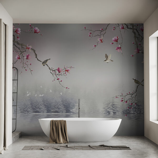 Ramas de árboles con flores rosas y pájaros volando sobre el agua Ramas de árboles con flores rosas y pájaros volando sobre el agua