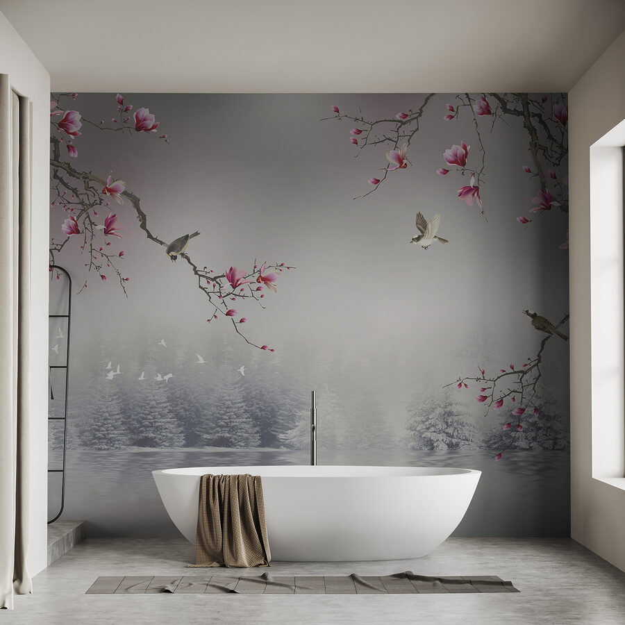 Ramas de árboles con flores rosas y pájaros volando sobre el agua