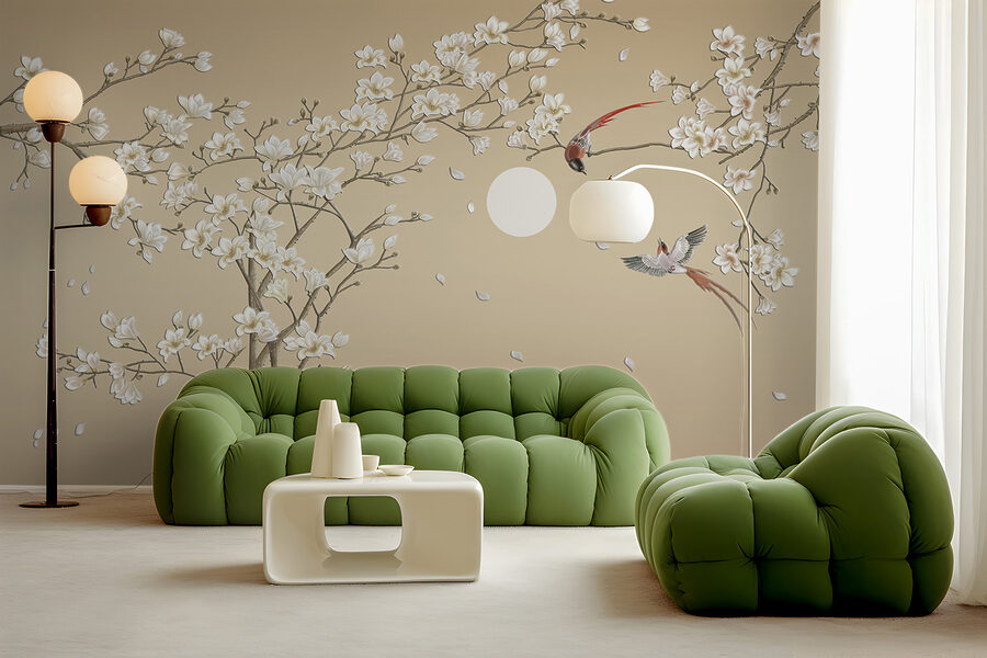 Árbol con flores blancas y pájaros