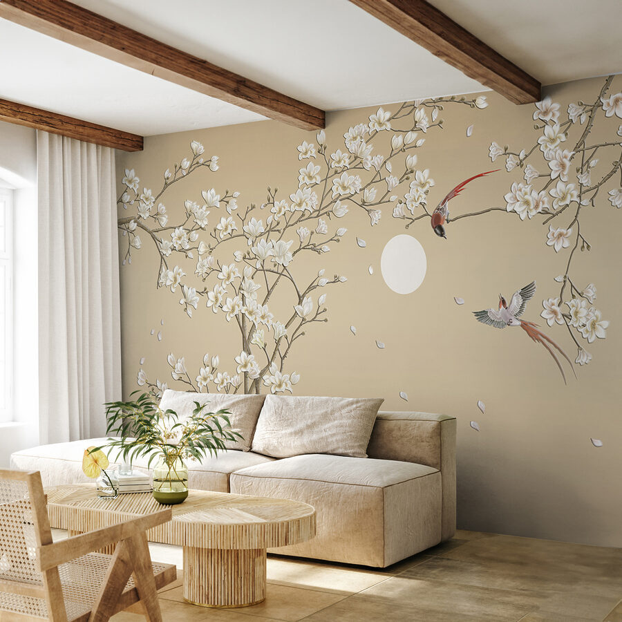 Árbol con flores blancas y pájaros