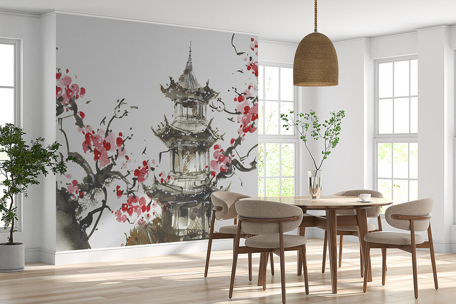 Pintura de una pagoda y cerezos en flor