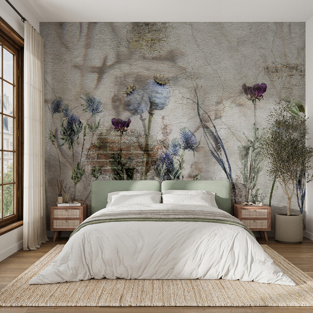 Wall with flowers and a brick wall