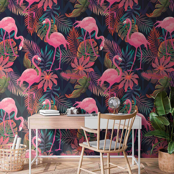 Un estampado de flamencos rosas y hojas Un estampado de flamencos rosas y hojas