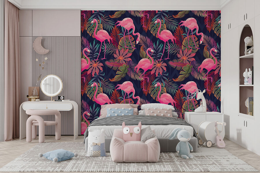 Un estampado de flamencos rosas y hojas Un estampado de flamencos rosas y hojas