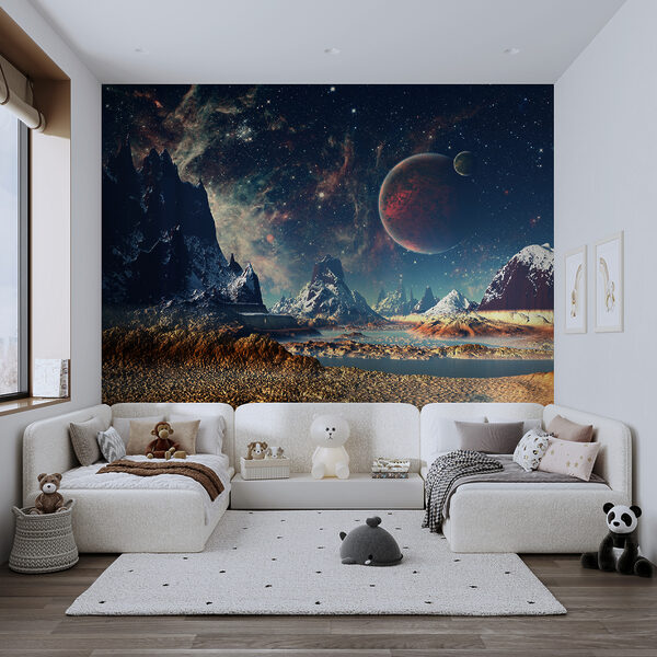 Paisaje de montañas y agua con planetas y estrellas Paisaje de montañas y agua con planetas y estrellas