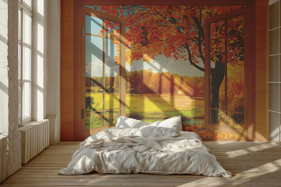 Ventana con árboles y un río Ventana con árboles y un río