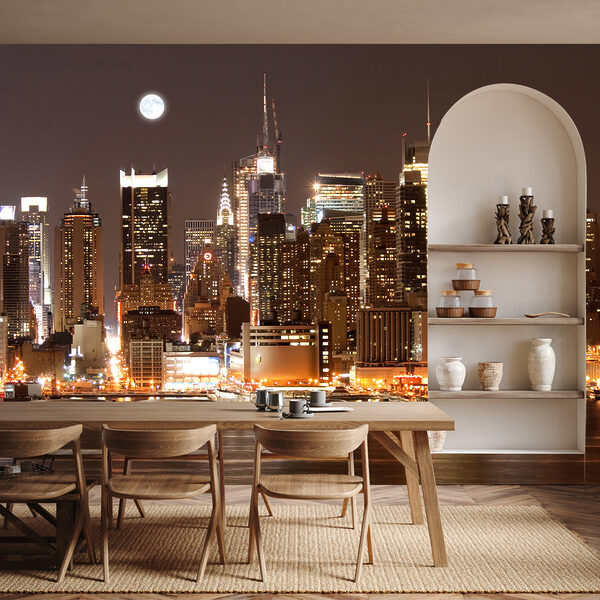 El horizonte de la ciudad de noche con la luna en el cielo El horizonte de la ciudad de noche con la luna en el cielo