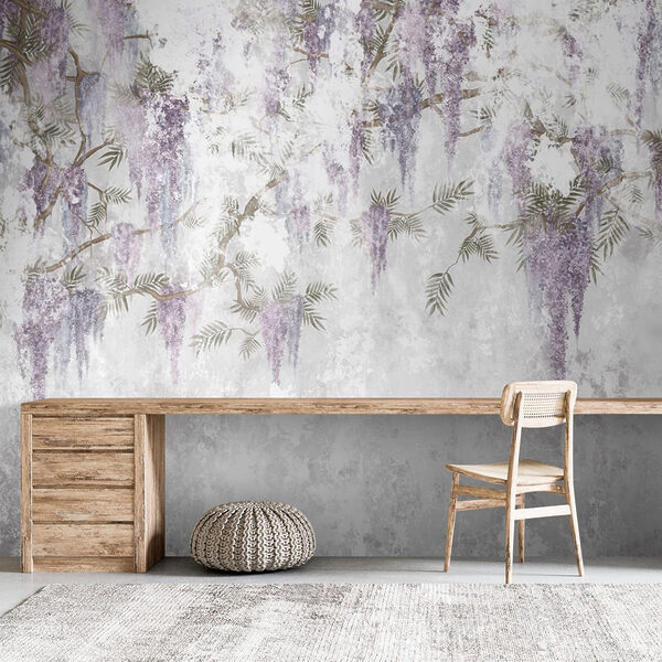 Pared blanca con flores moradas Pared blanca con flores moradas