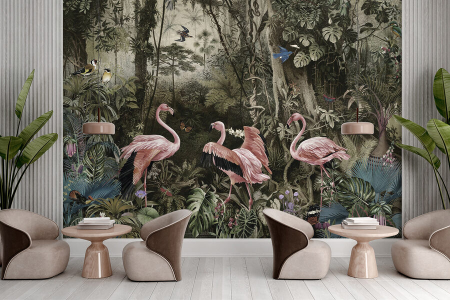 Grupo de flamencos rosas en un bosque