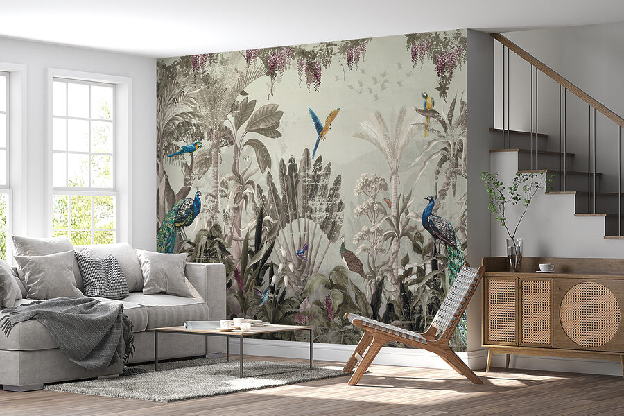 Papel pintado con pájaros y plantas
