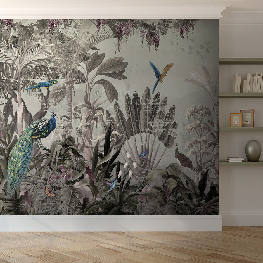 Papel pintado con pájaros y plantas