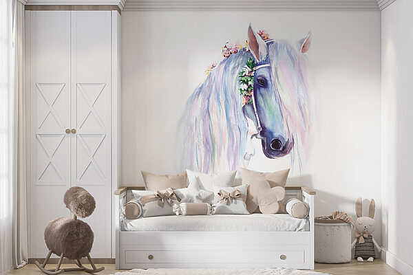 Acuarela de un caballo con flores en la cabeza Acuarela de un caballo con flores en la cabeza