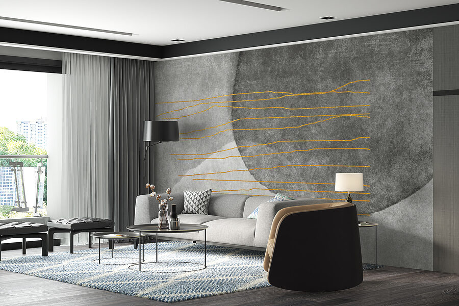 Pintura gris y blanca con líneas naranjas