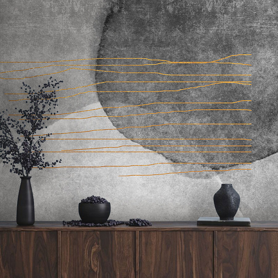 Pintura gris y blanca con líneas naranjas