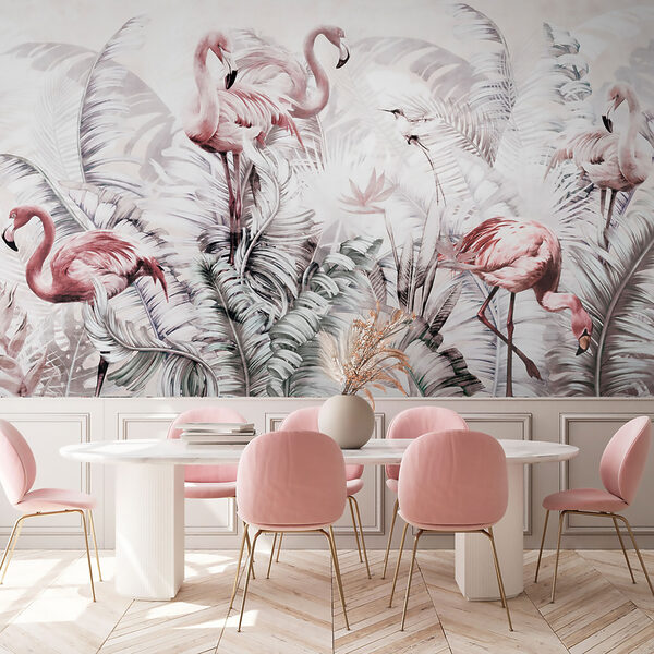 Papel pintado con flamencos y pájaros Papel pintado con flamencos y pájaros