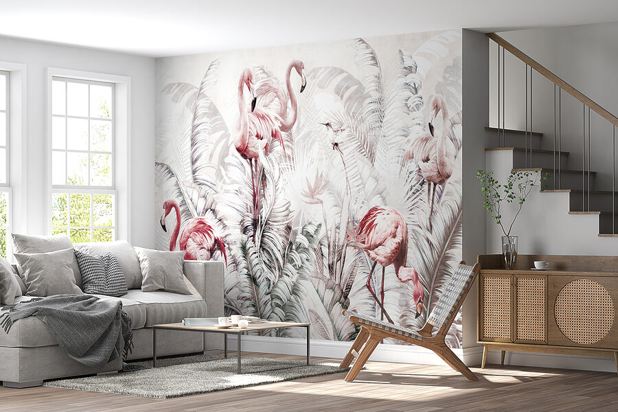 Papel pintado con flamencos y pájaros Papel pintado con flamencos y pájaros