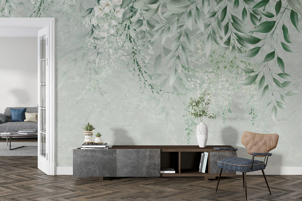 White flowers and green leaves on a white background