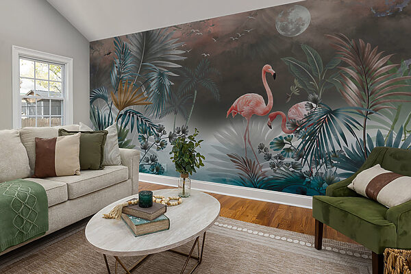 Painting of flamingos and plants