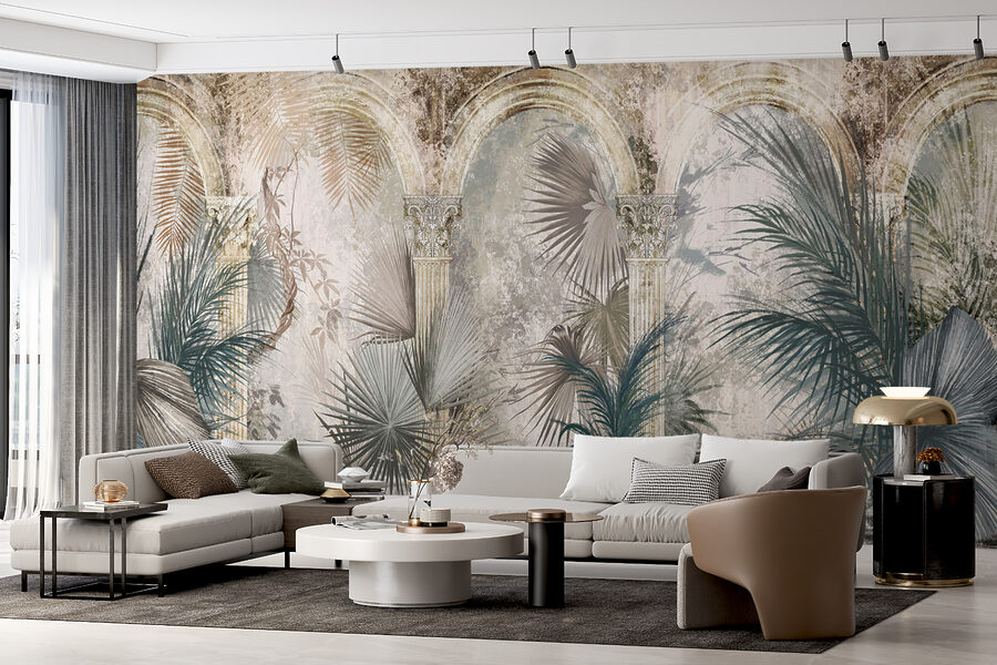 Pintura de palmeras y columnas