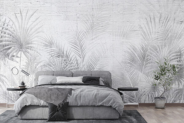 Fondo blanco y gris con hojas de palmera Fondo blanco y gris con hojas de palmera