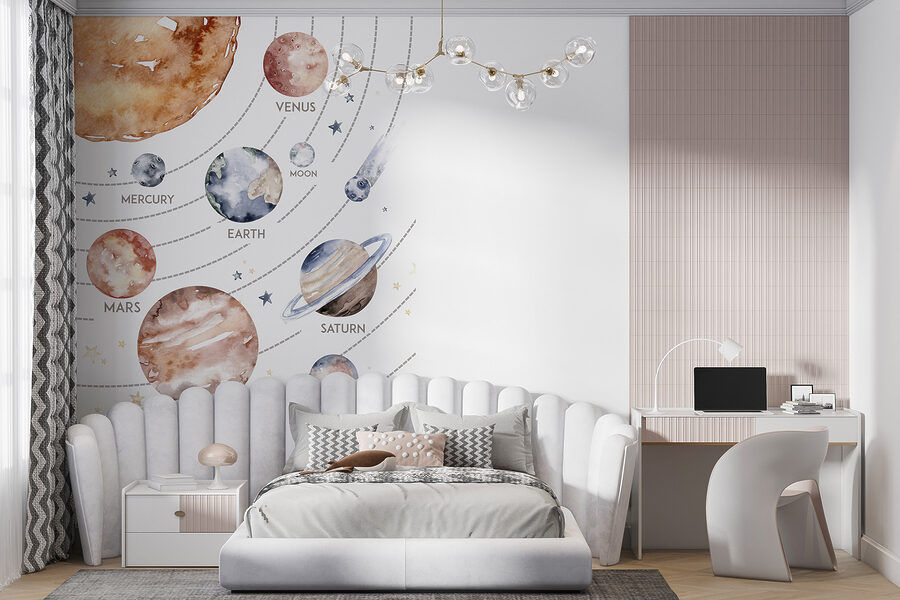 Acuarela de planetas y estrellas