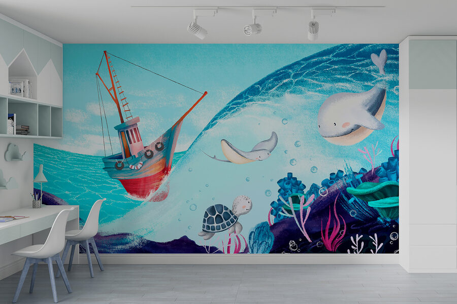 Dibujo animado de un barco y animales marinos