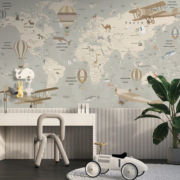 Mapa del mundo con aviones y animales Mapa del mundo con aviones y animales